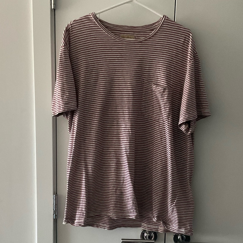 Cute Red Thin Stripe 100% Cotton T-shirt with Breast Pocket
